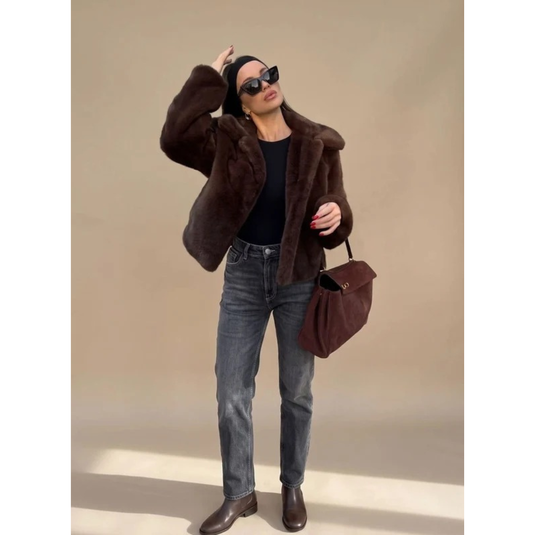 Women's dark brown faux fur coat with wide collar and long sleeves