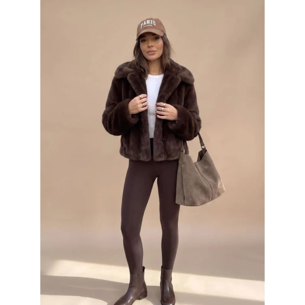Women's dark brown faux fur coat with wide collar and long sleeves
