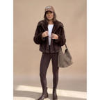 Women's dark brown faux fur coat with wide collar and long sleeves