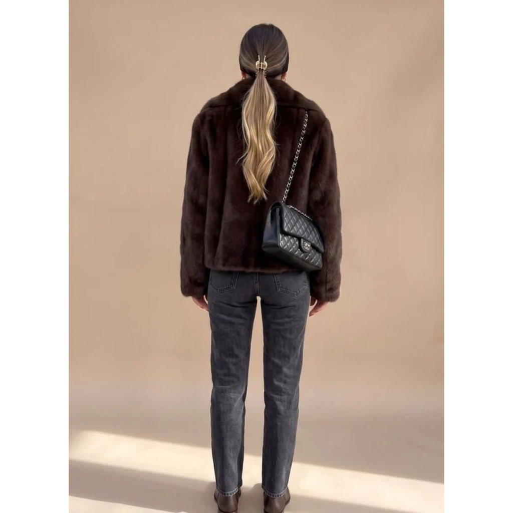 Women's dark brown faux fur coat with wide collar and long sleeves