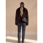 Women's dark brown faux fur coat with wide collar and long sleeves