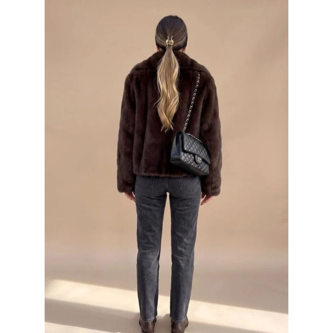 Women's dark brown faux fur coat with wide collar and long sleeves