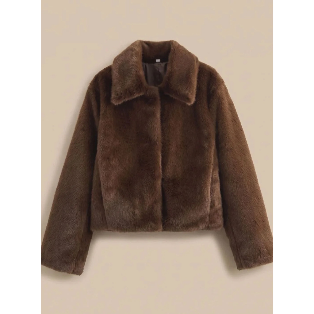 Women's dark brown faux fur coat with wide collar and long sleeves