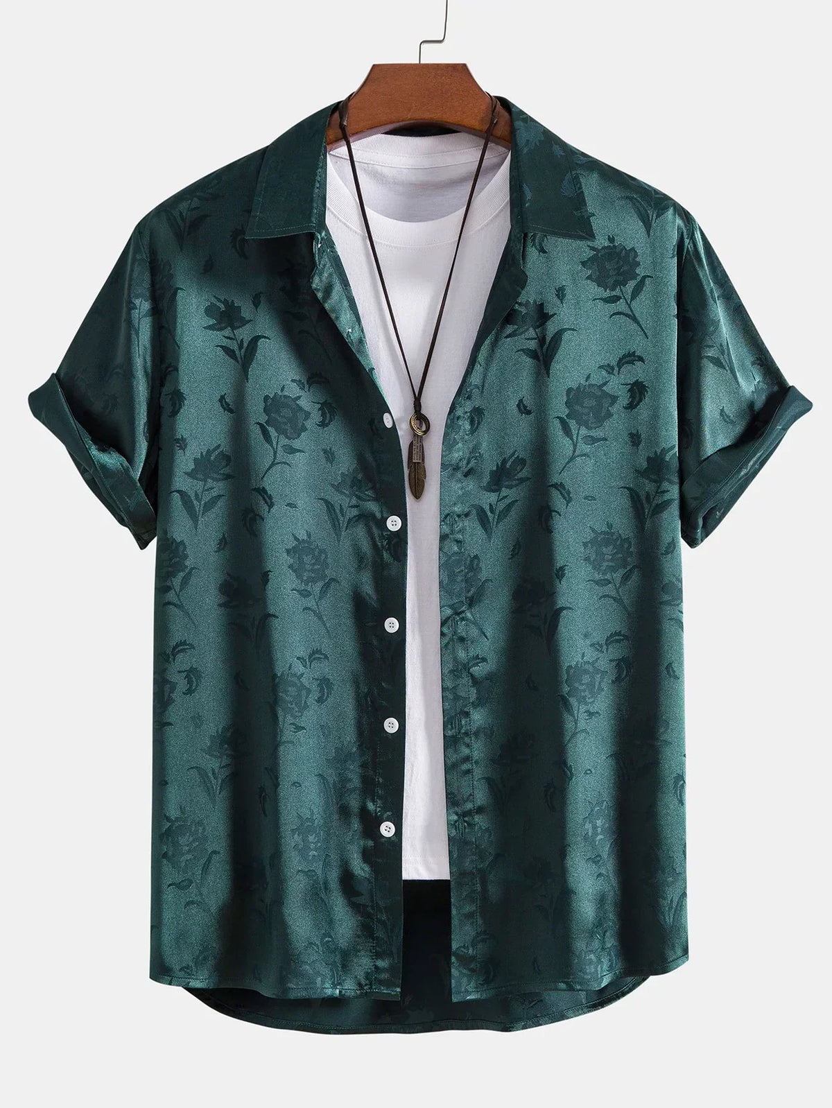 Men's short sleeve floral shirt with collared neckline and button front