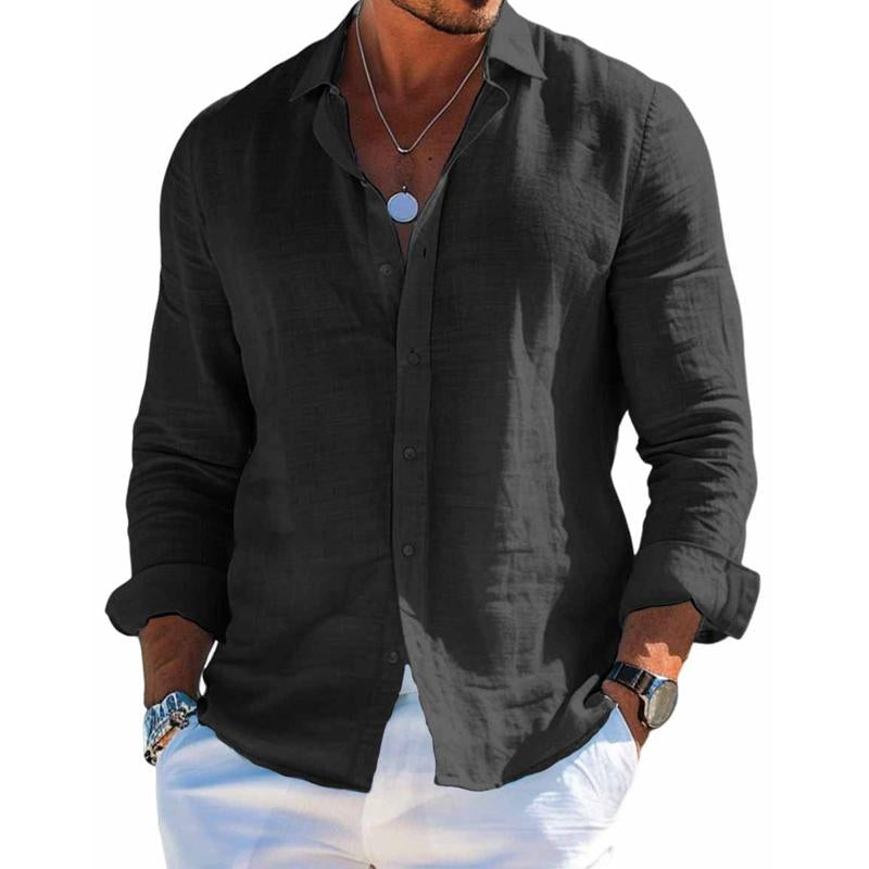 Men's plain long-sleeve button-front shirt with open collar