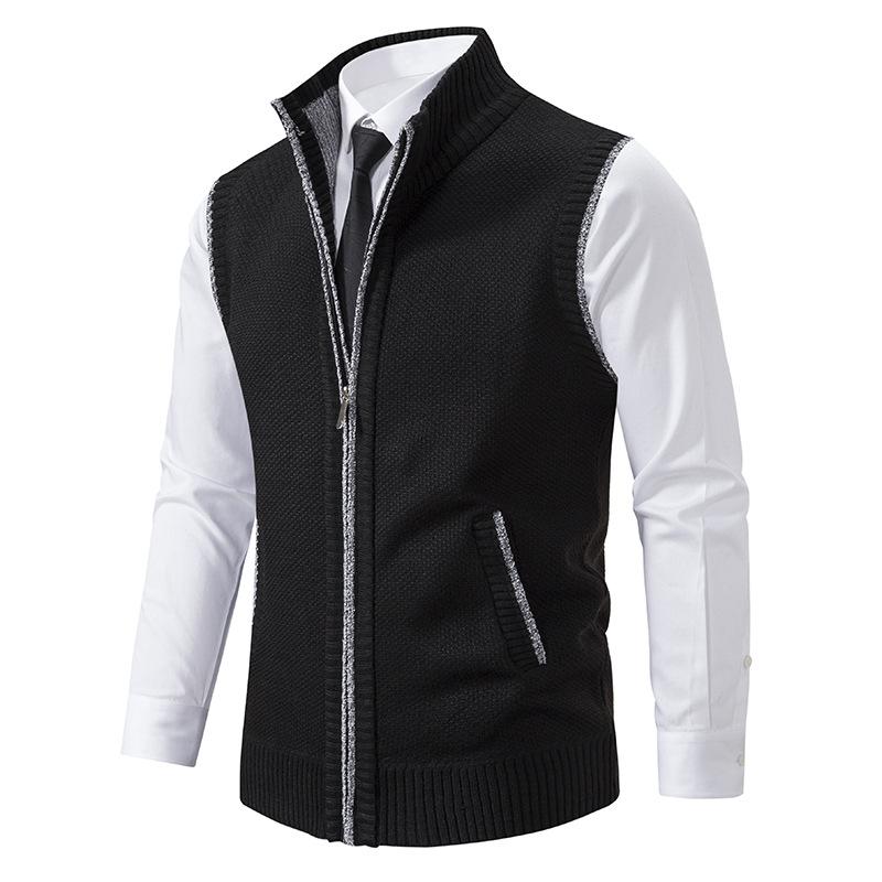 Men's knitted sleeveless vest with stand collar and zip fastening