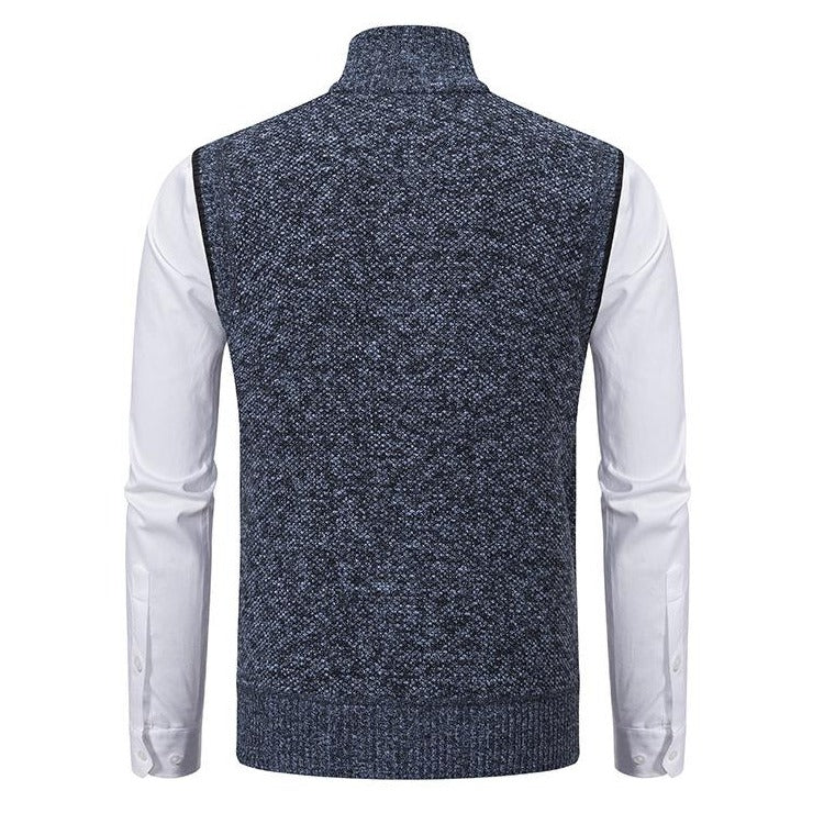 Men's knitted sleeveless vest with stand collar and zip fastening