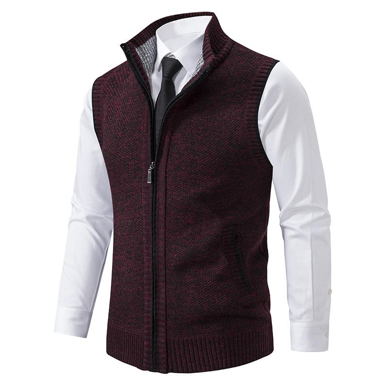 Men's knitted sleeveless vest with stand collar and zip fastening