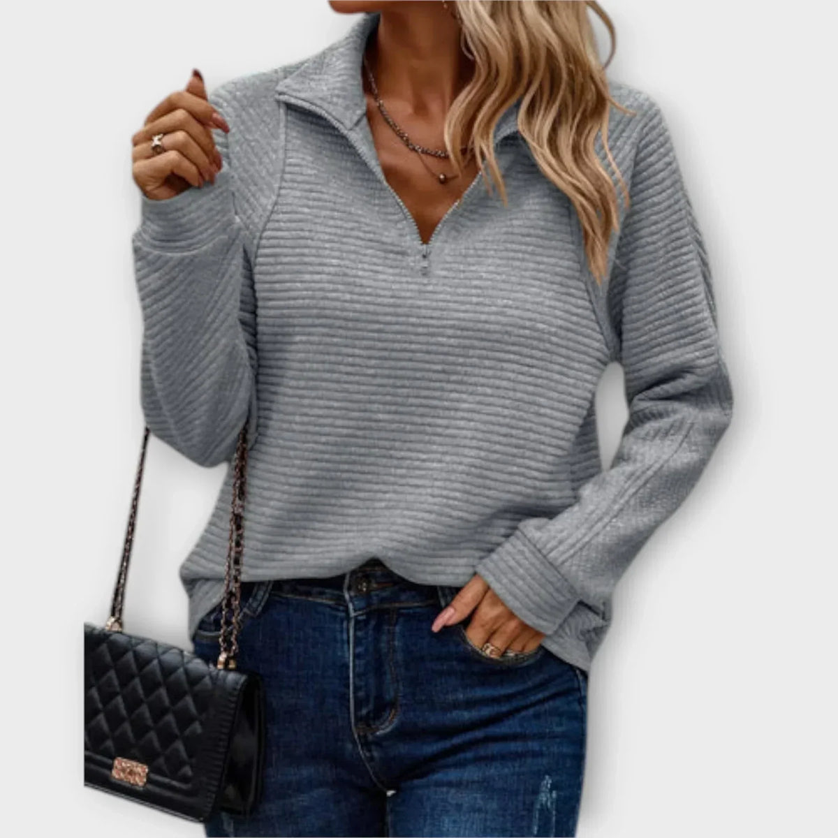 Women's ribbed half-zip pullover with mock neck and long sleeves