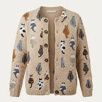 Women's beige cardigan with an all-over cat pattern and button front