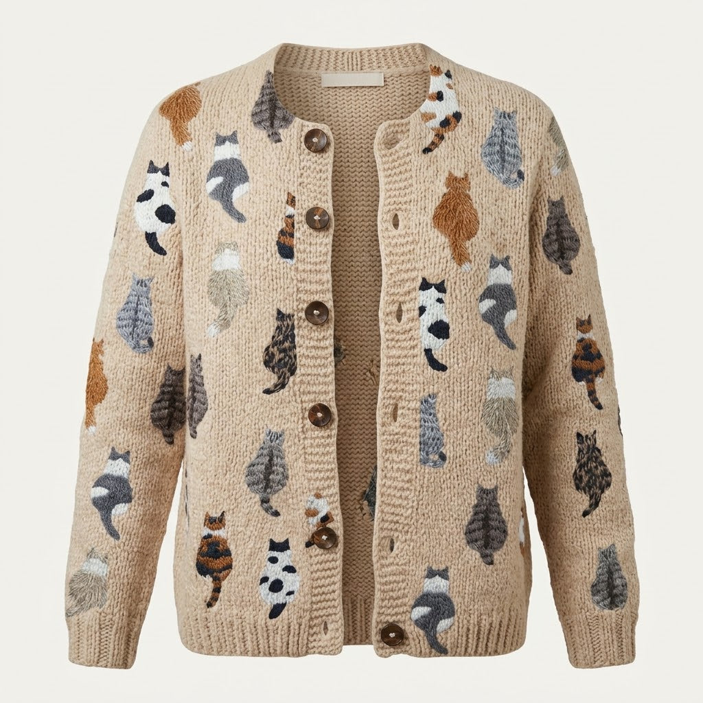 Women's beige cardigan with an all-over cat pattern and button front