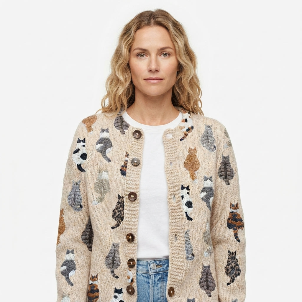 Women's beige cardigan with an all-over cat pattern and button front