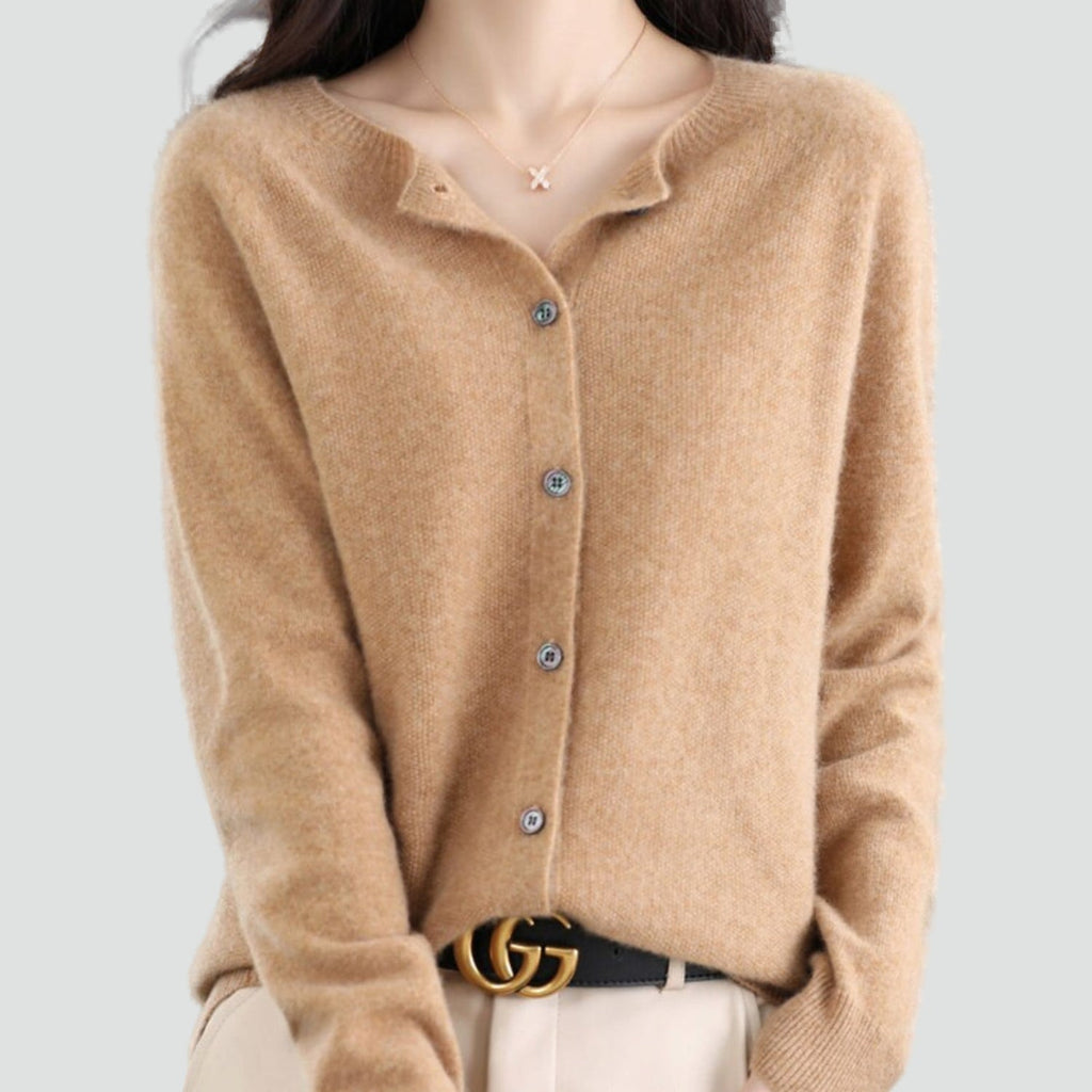 Women's long-sleeve knitted button-front cardigan with V-neckline