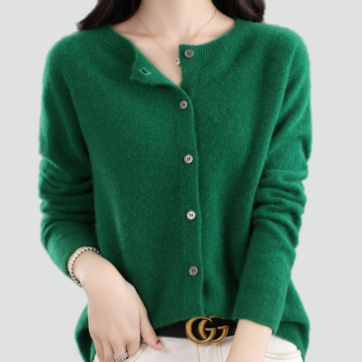 Women's long-sleeve knitted button-front cardigan with V-neckline