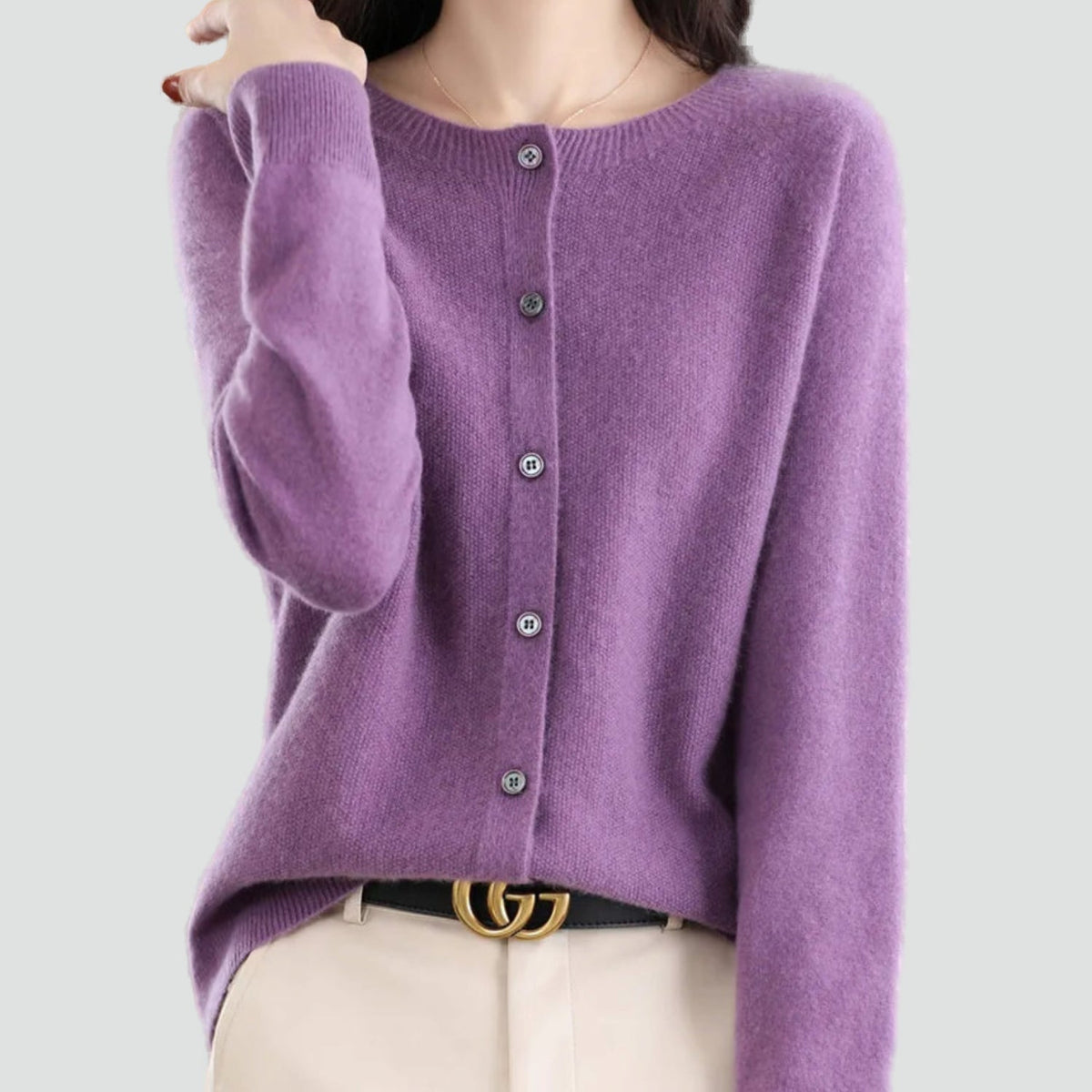 Women's long-sleeve knitted button-front cardigan with V-neckline