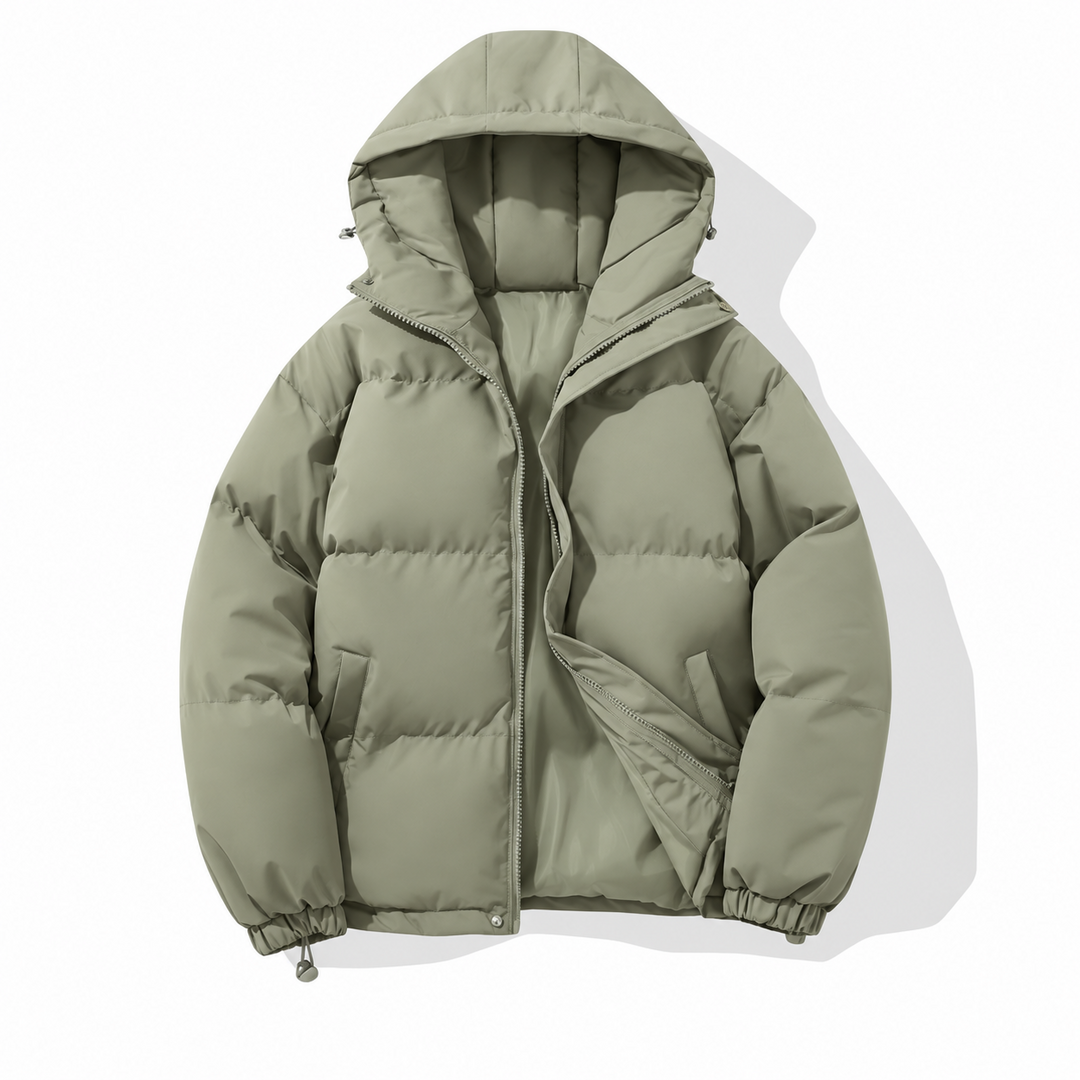 Women's hooded quilted parka jacket with zip front and angled pockets