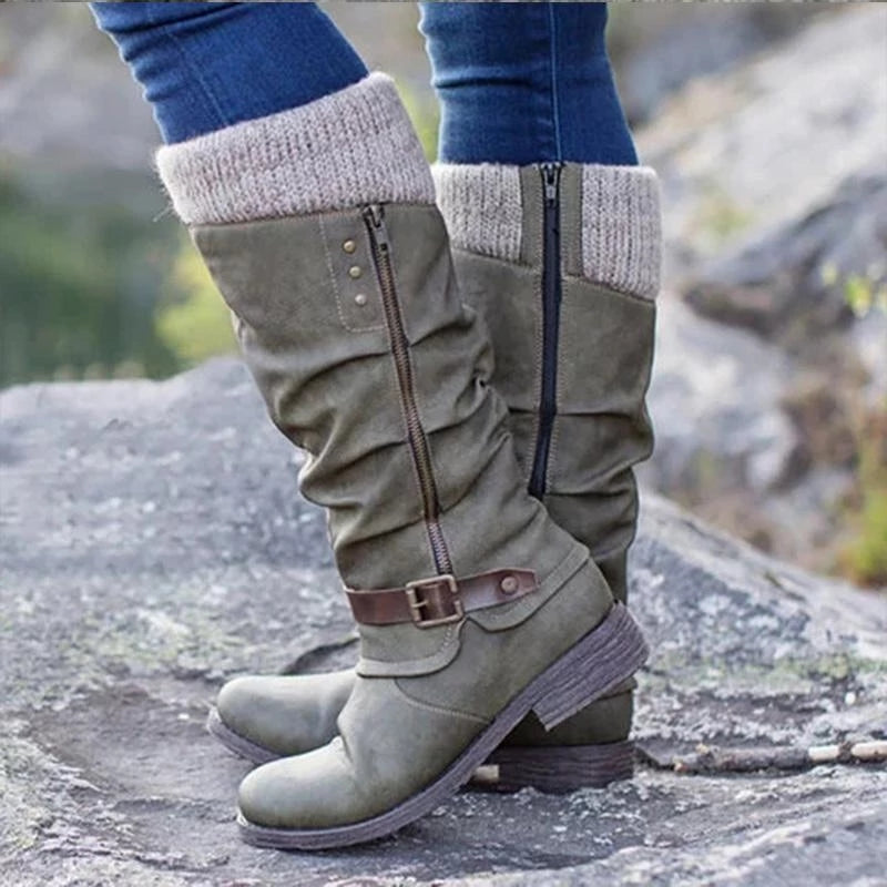 Women's mid-calf boots with side zips, buckle straps and ribbed cuffs