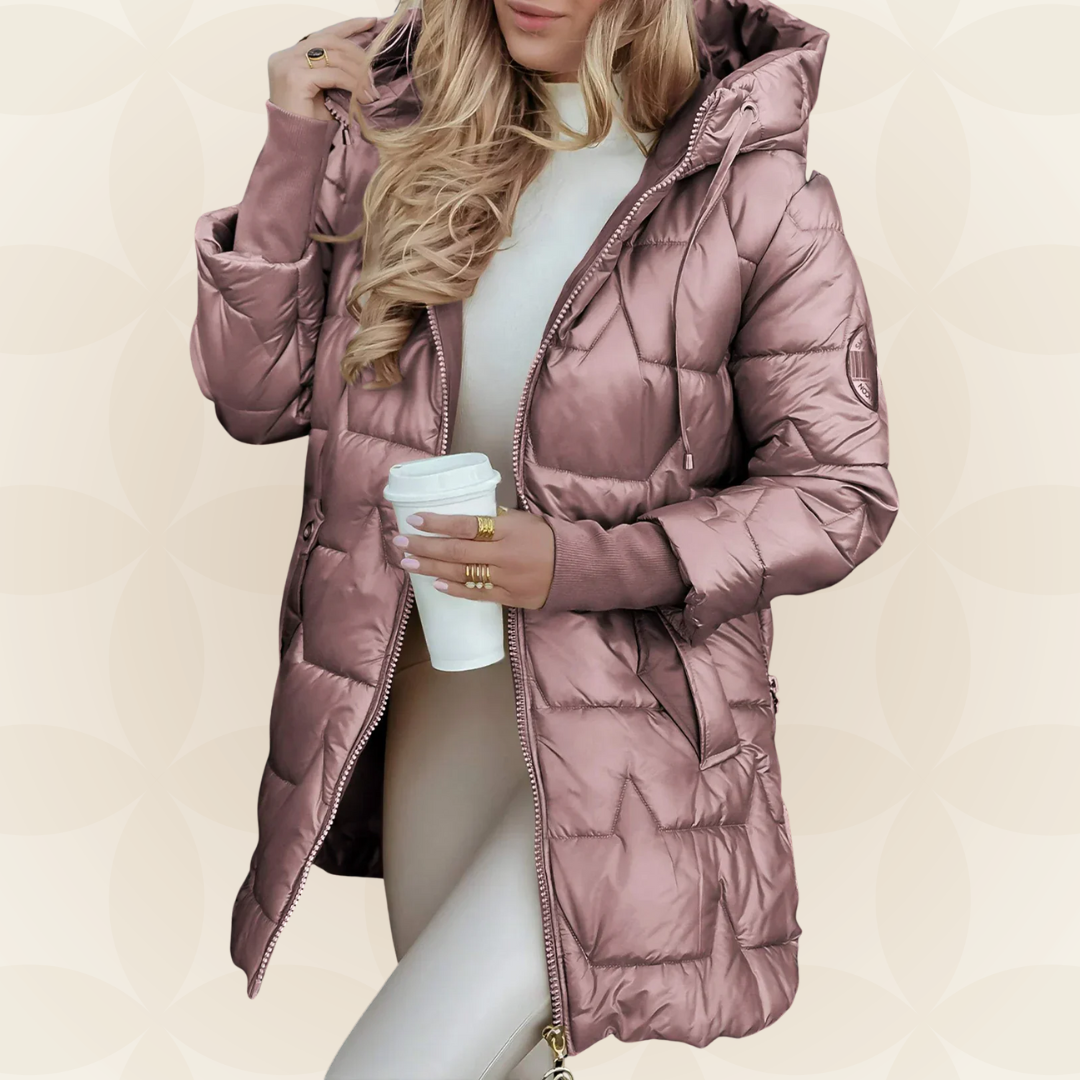 Women's longline hooded quilted winter jacket with zip front and ribbed cuffs