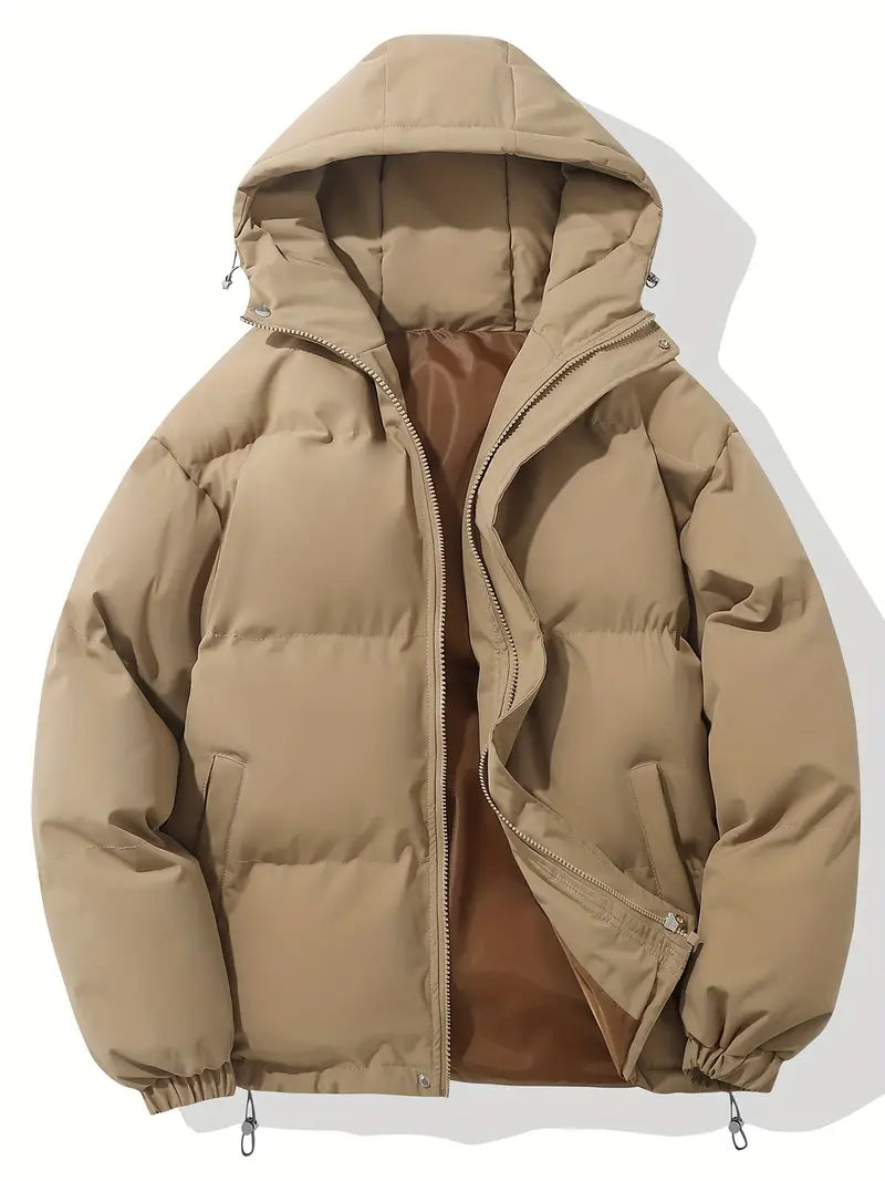 Women's hooded quilted parka jacket with zip front and angled pockets