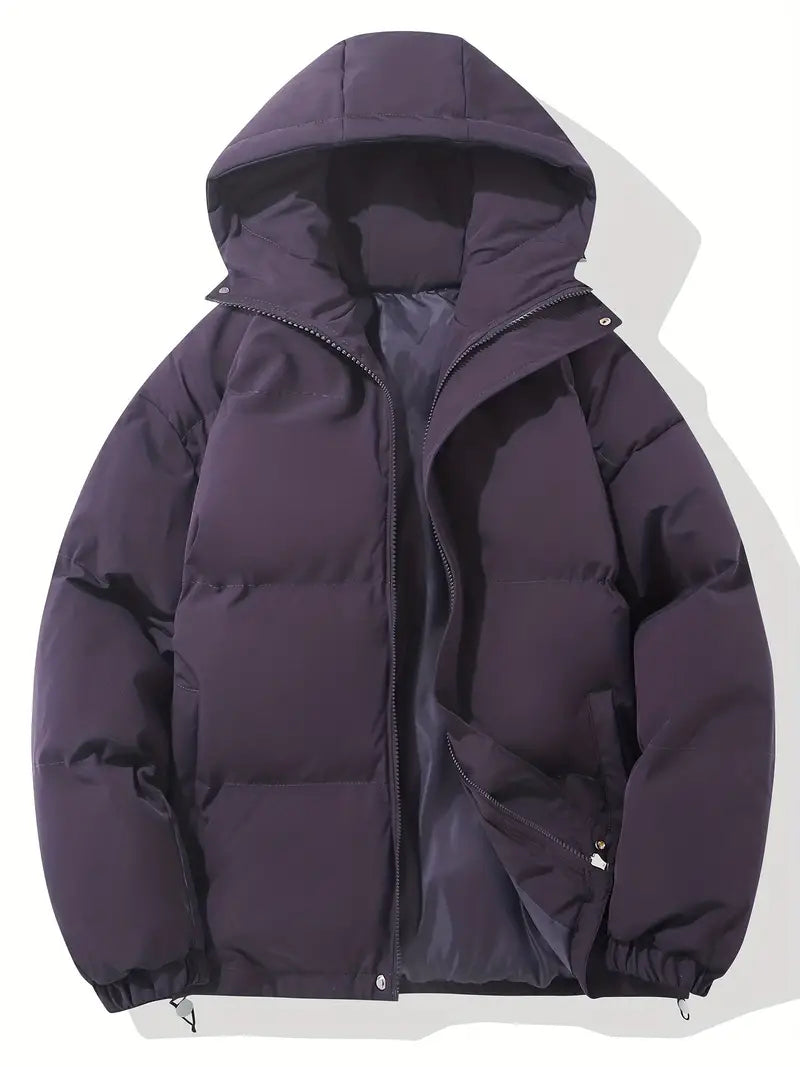 Women's hooded quilted parka jacket with zip front and angled pockets