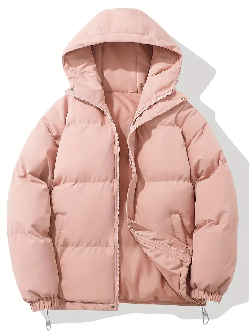 Women's hooded quilted parka jacket with zip front and angled pockets