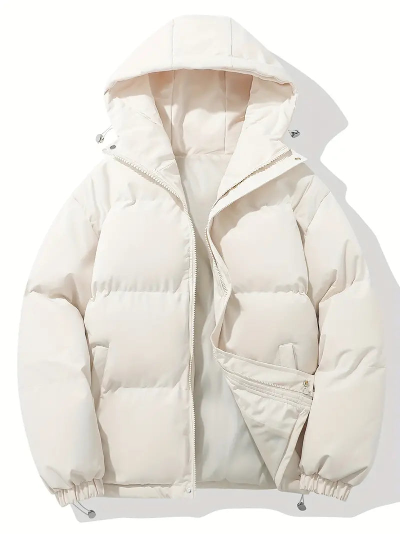 Women's hooded quilted parka jacket with zip front and angled pockets