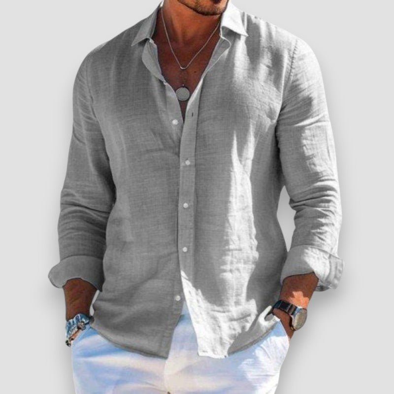 Men's long-sleeve button-up shirt with open collar and curved hem