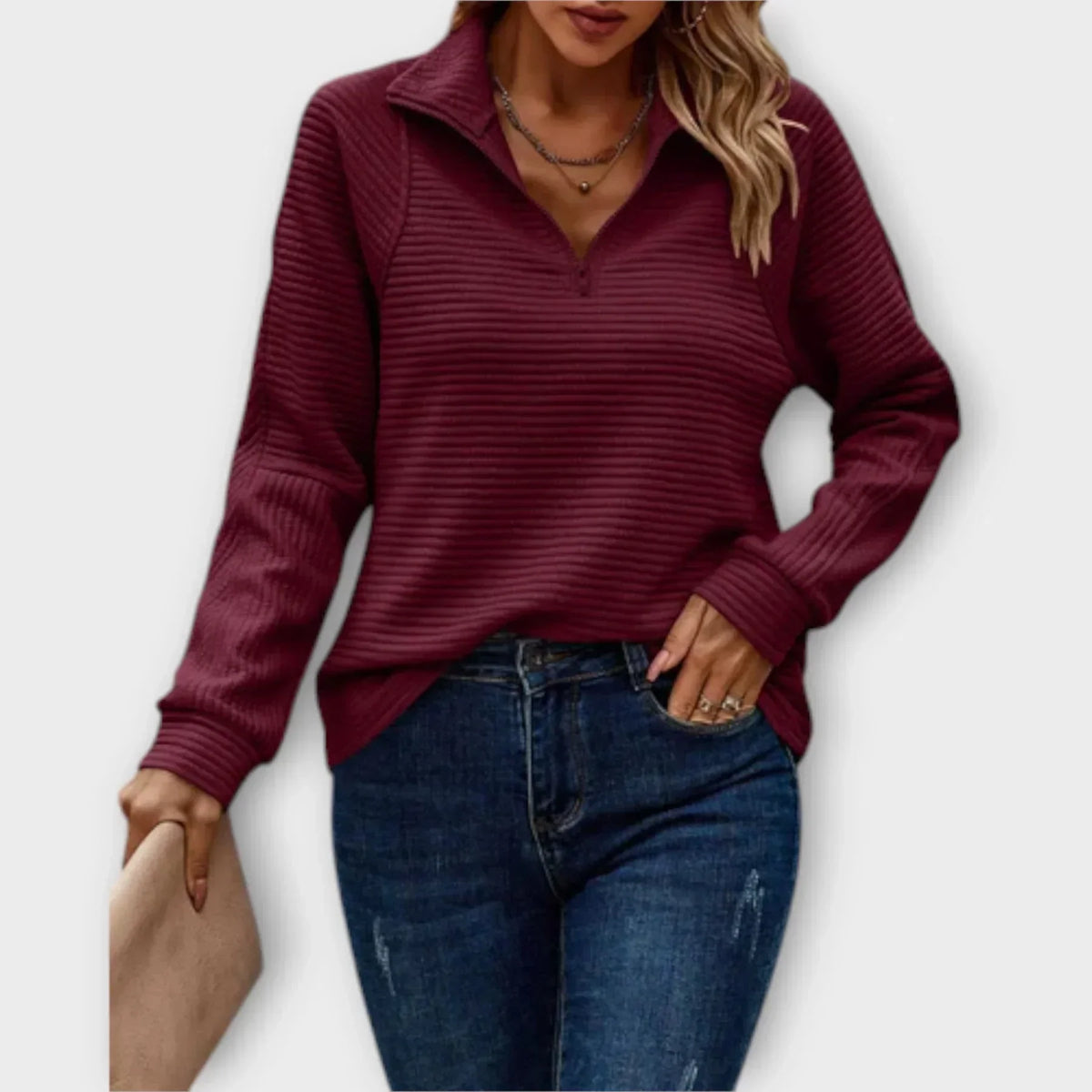 Women's ribbed half-zip pullover with mock neck and long sleeves