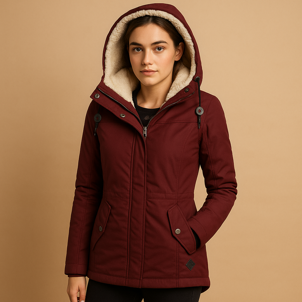 Women's hooded parka jacket with fleece-lined hood, long sleeves and flap pockets