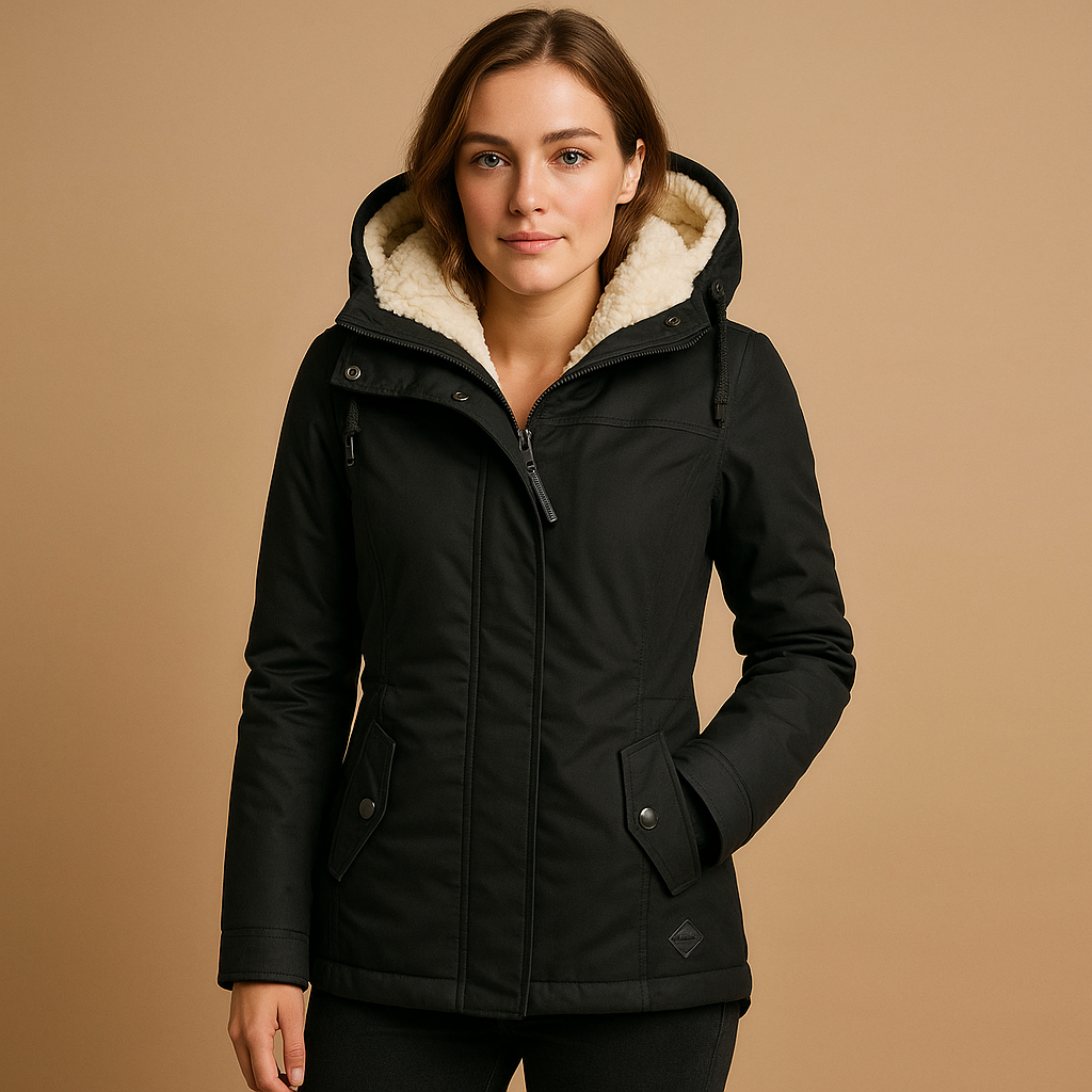 Women's hooded parka jacket with fleece-lined hood, long sleeves and flap pockets