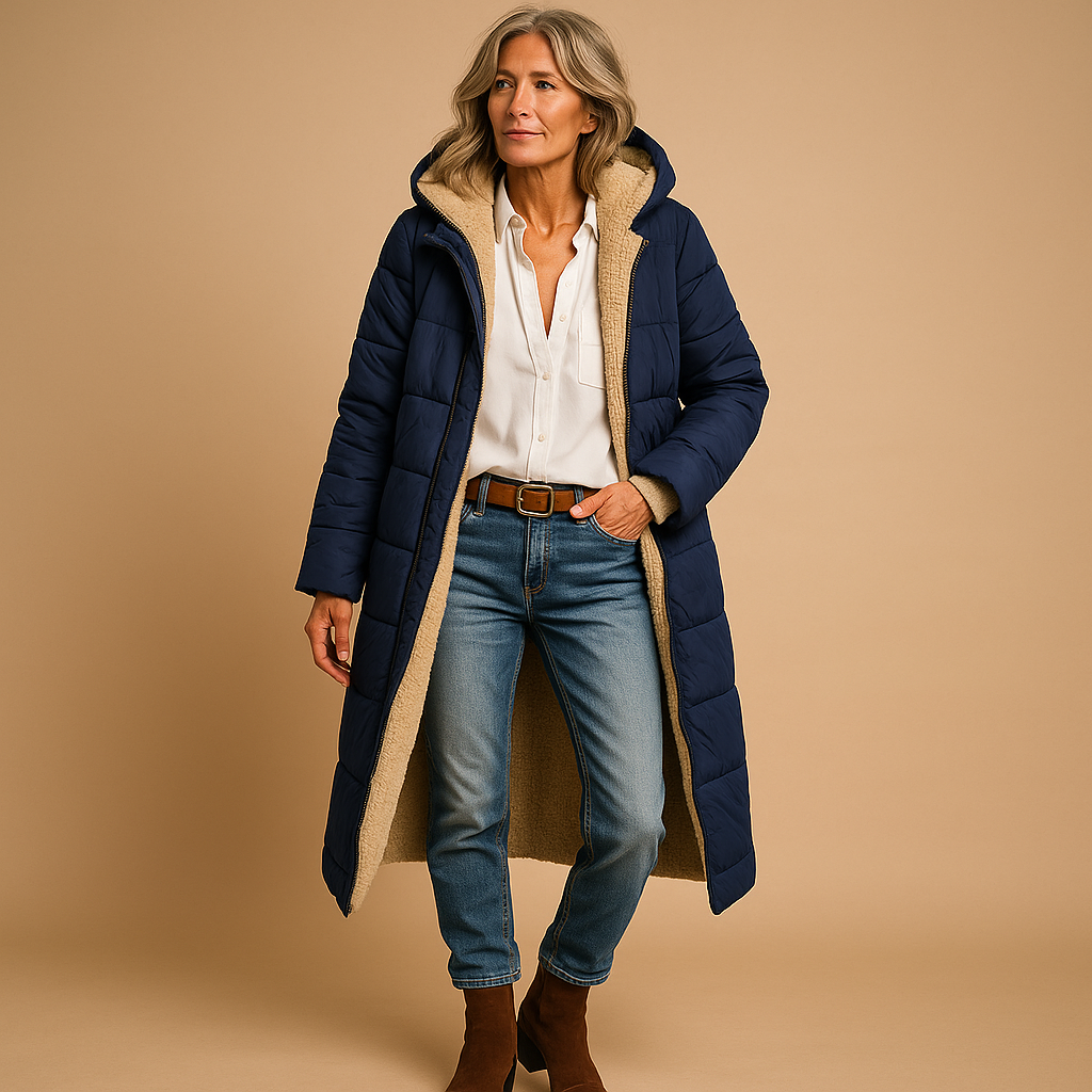 Women's long quilted hooded coat with contrast fleece-style lining