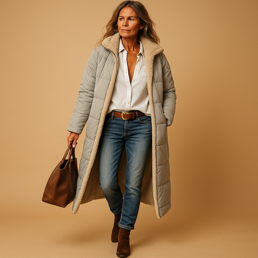 Women's long quilted hooded coat with contrast fleece-style lining