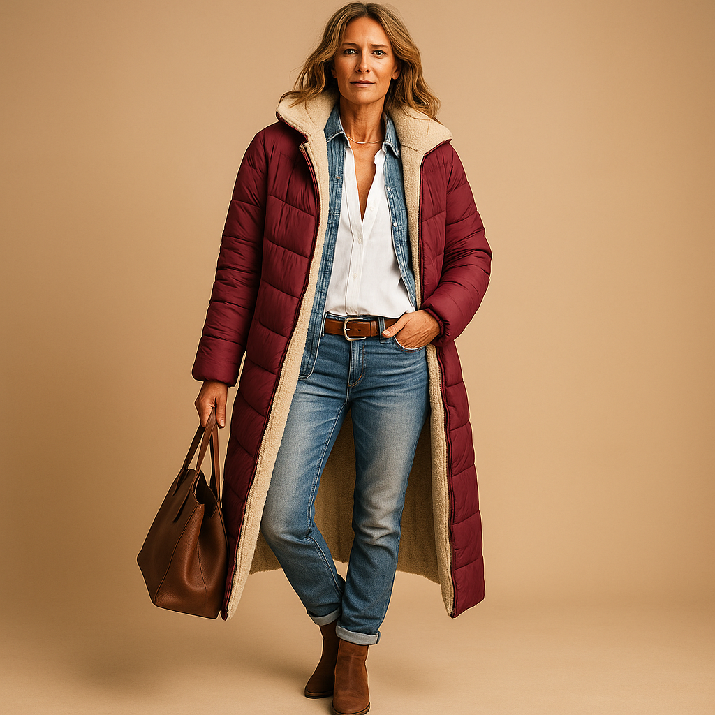 Women's long quilted hooded coat with contrast fleece-style lining