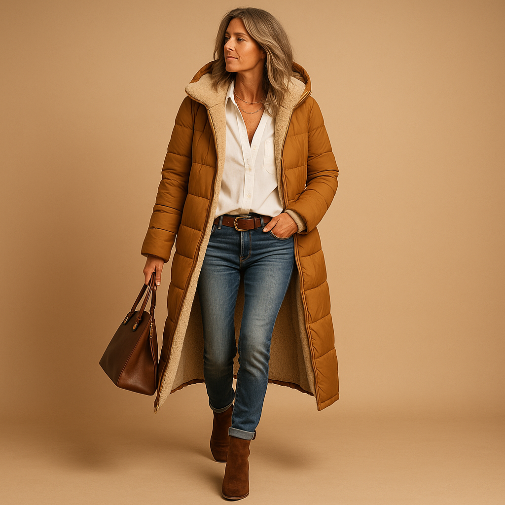 Women's long quilted hooded coat with contrast fleece-style lining