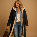 Women's long quilted hooded coat with contrast fleece-style lining