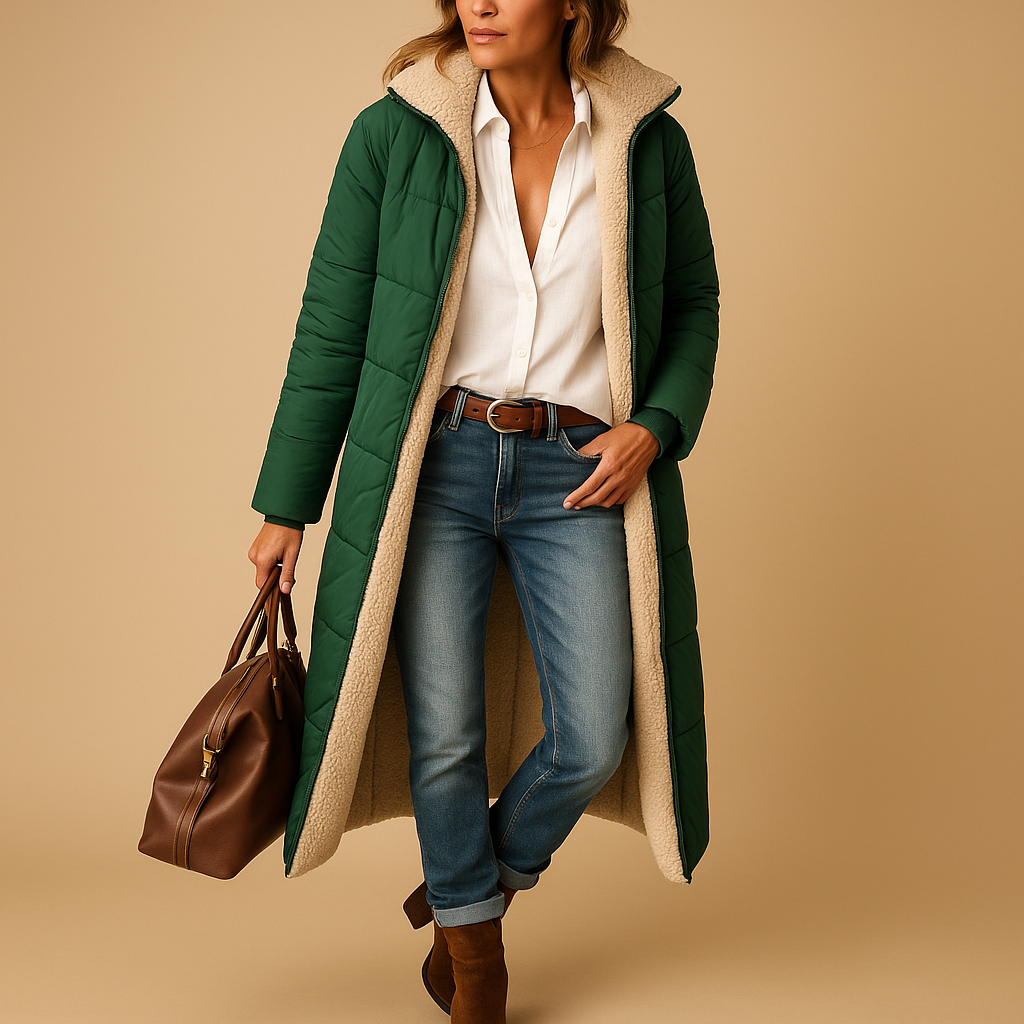 Women's long quilted hooded coat with contrast fleece-style lining