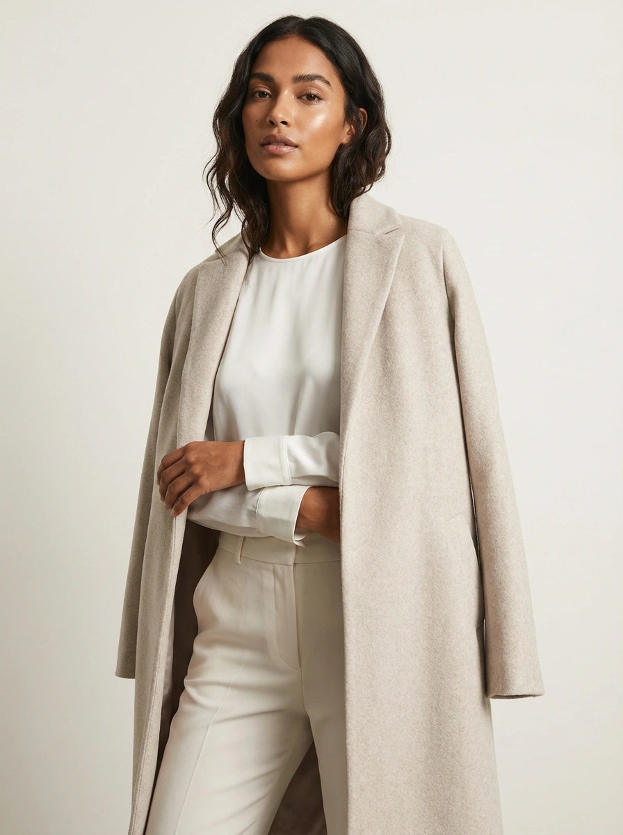 Women's long straight coat with notched lapel and side pockets