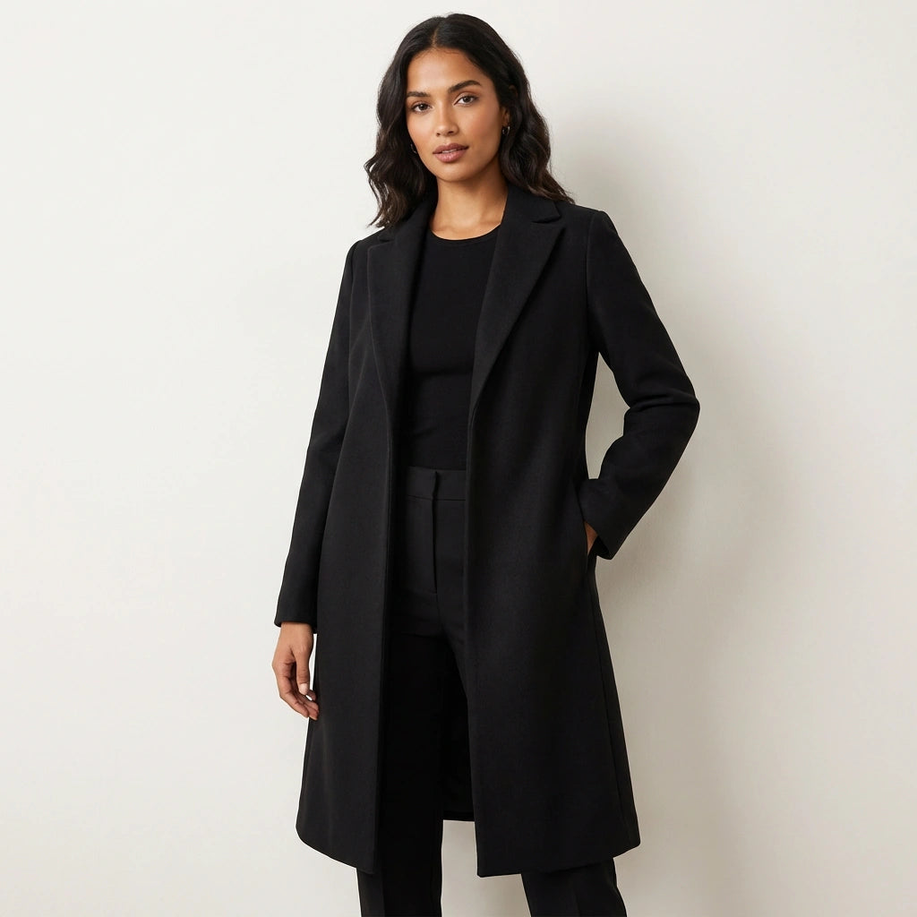 Women's long straight coat with notched lapel and side pockets