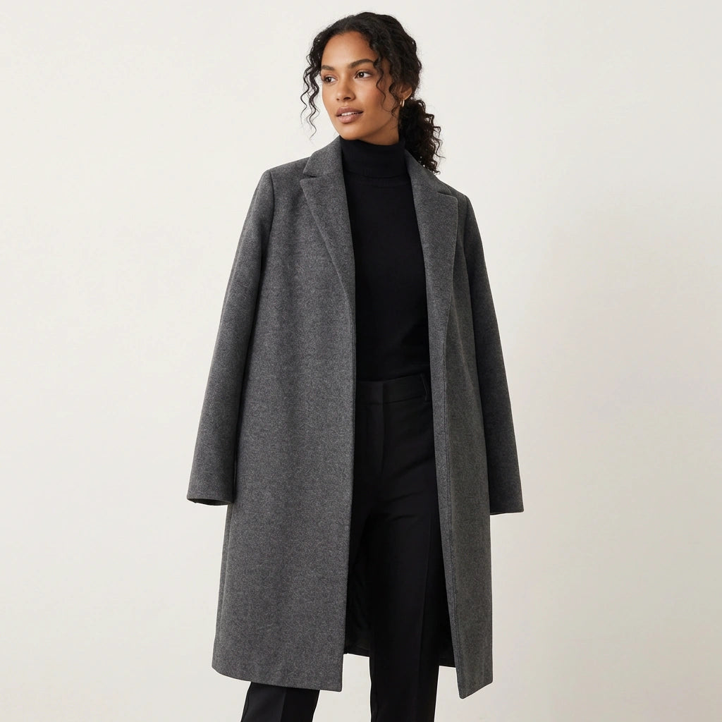 Women's long straight coat with notched lapel and side pockets