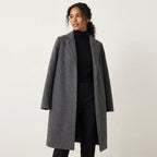 Women's long straight coat with notched lapel and side pockets