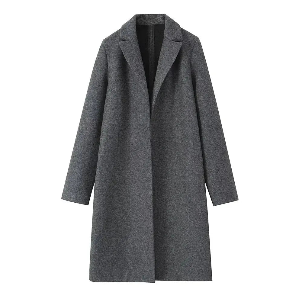 Women's long straight coat with notched lapel and side pockets