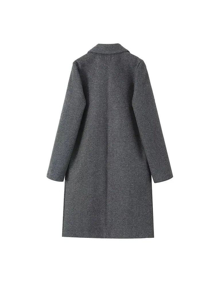 Women's long straight coat with notched lapel and side pockets