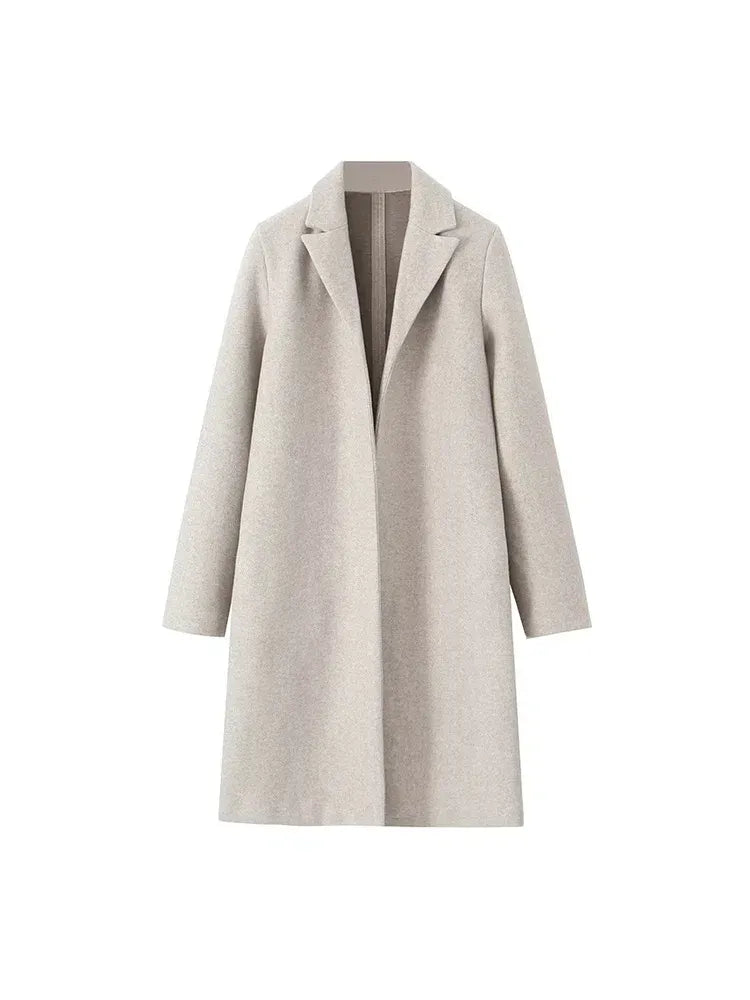 Women's long straight coat with notched lapel and side pockets