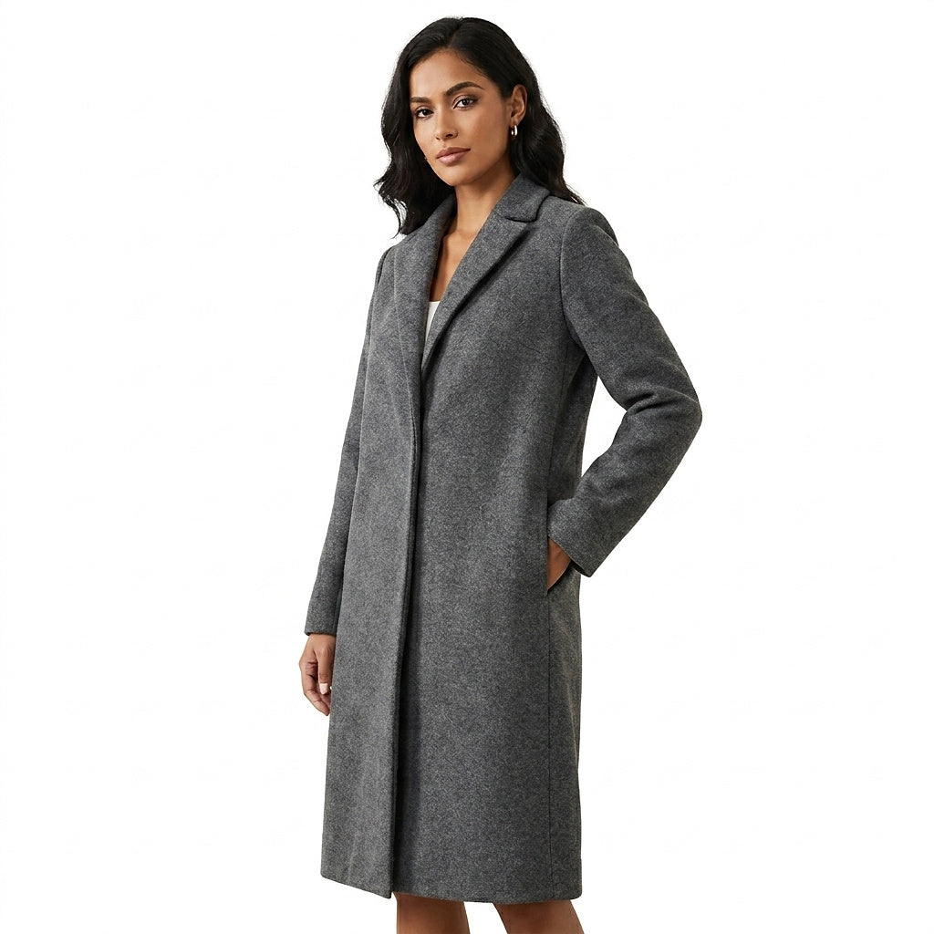 Women's long straight coat with notched lapel and side pockets
