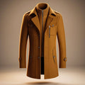 Men's long structured coat with high collar, lapels, buttons and multiple pockets