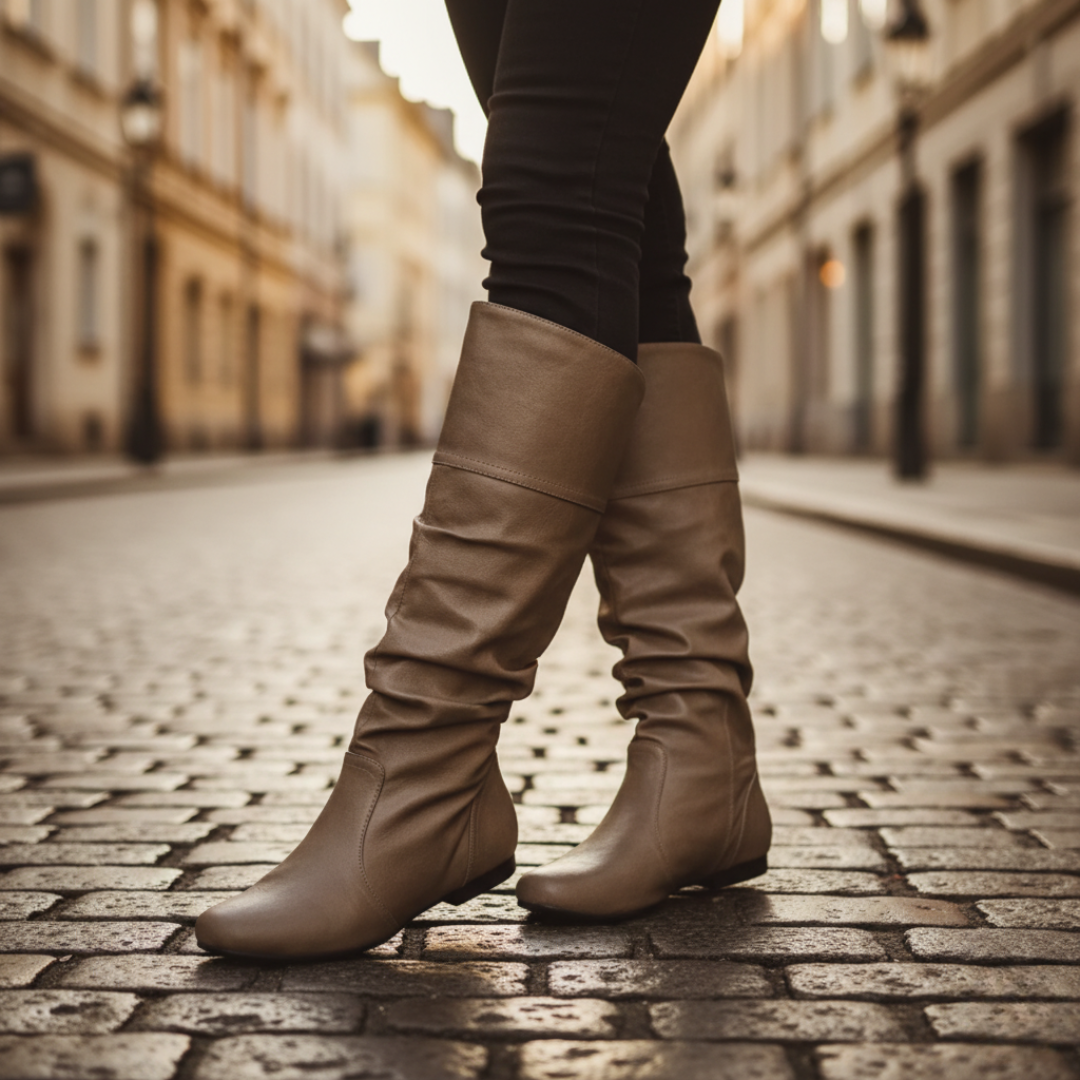 Women's slouch knee-high boots with a rounded toe and low heel