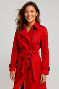 Women's long double-breasted belted trench coat with shoulder tabs and cuff buckles