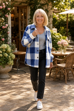 Women's checked button-front overshirt jacket with long sleeves and pockets