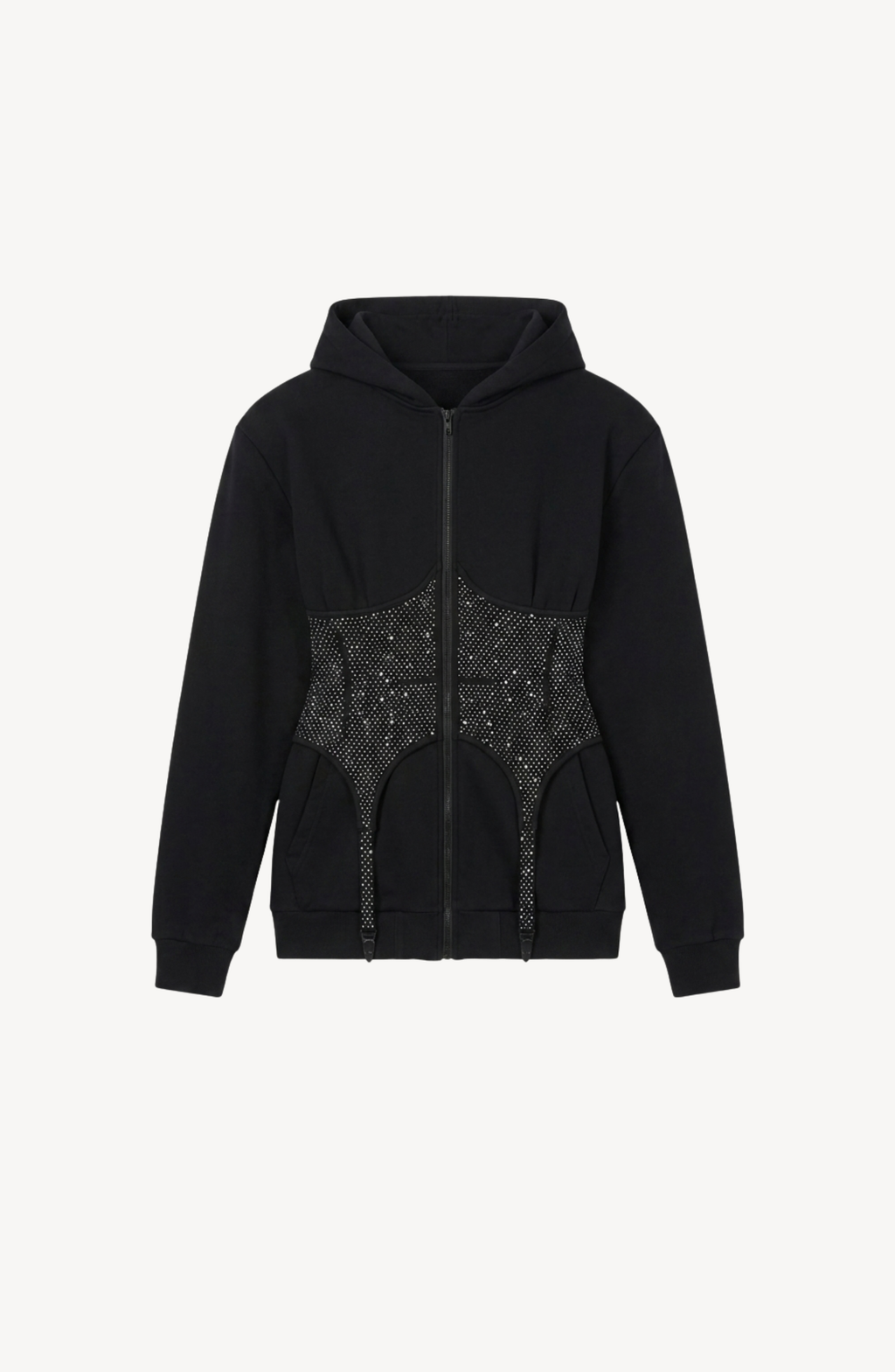 Women's black zip-up hoodie with hood, long sleeves and silver-studded corset-style front panel