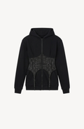 Women's black zip-up hoodie with hood, long sleeves and silver-studded corset-style front panel